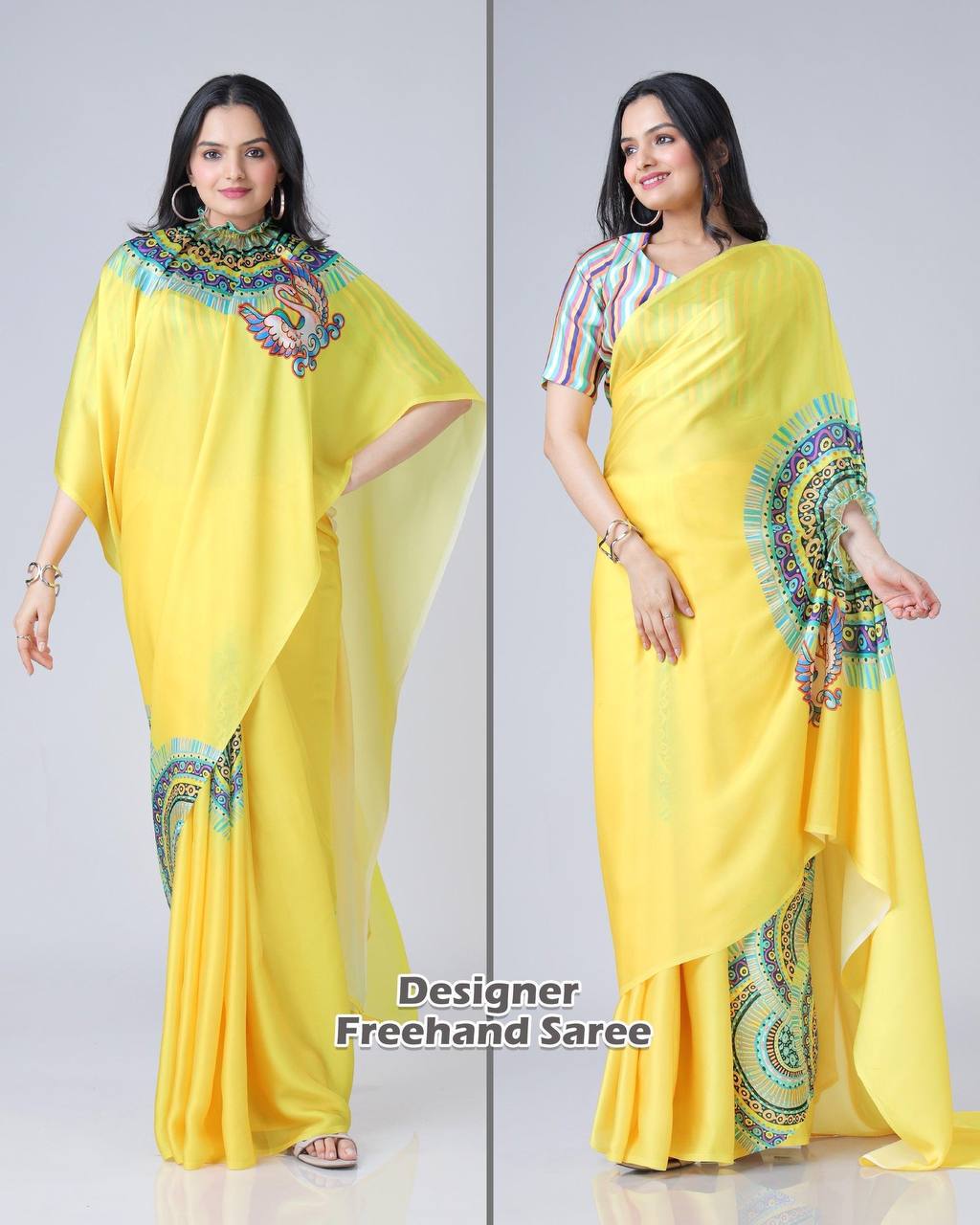 Sunburst Muse” – Designer Freehand Yellow Saree | Dual Style