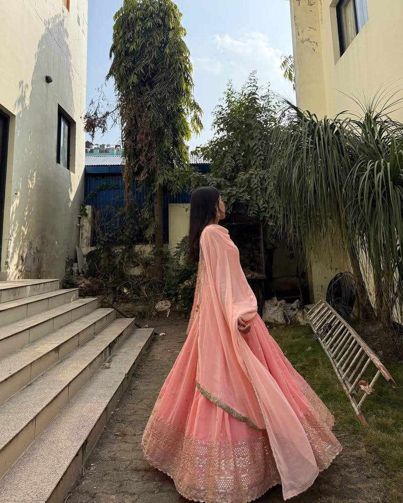 Blush Peach Embroidered Anarkali Set with Mirror Detailing