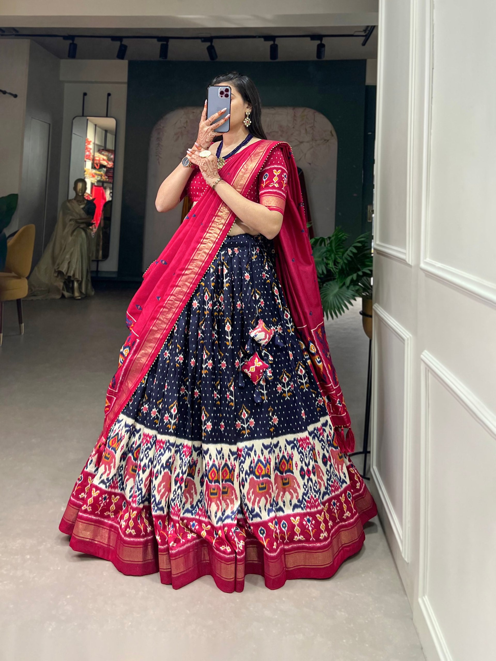 Navy Blue & Maroon Traditional Patola Lehenga Choli Set