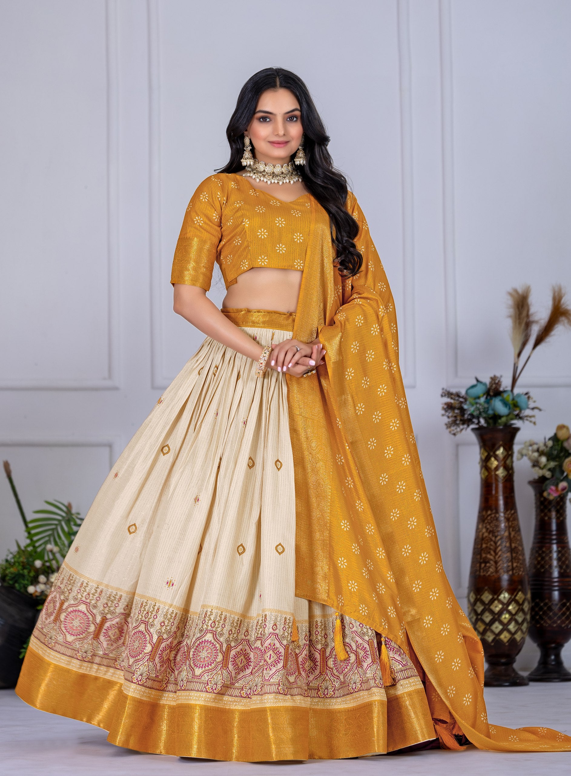 Mustard Yellow & Beige Lehenga Choli Set with Dupatta – Traditional Wear