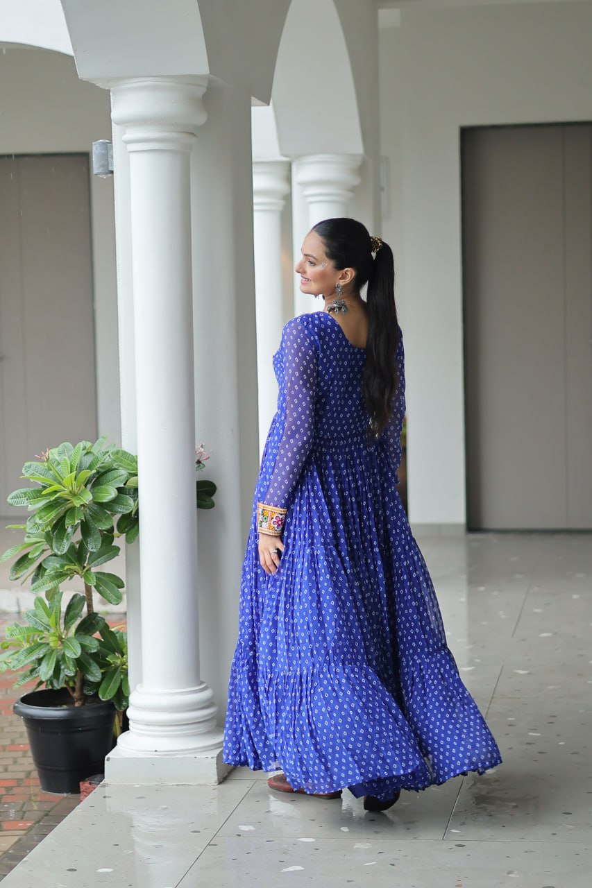 Traditional Bandhani Print Long Gown with Embroidered Yoke