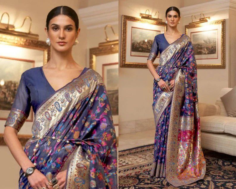 Royal Banarasi Silk Saree – Midnight Bloom