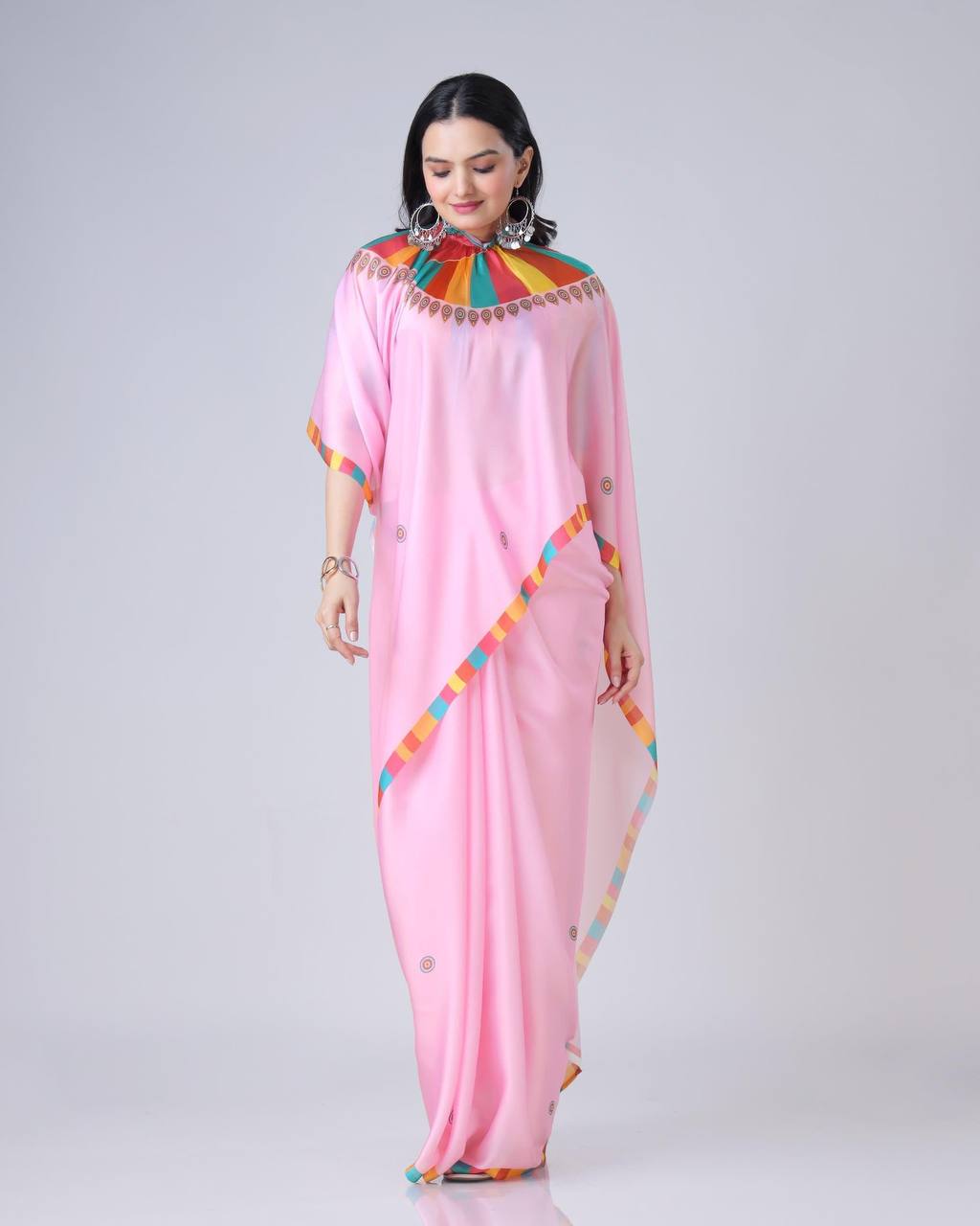 Pastel Pink Saree with Vibrant Mandala & Striped Blouse