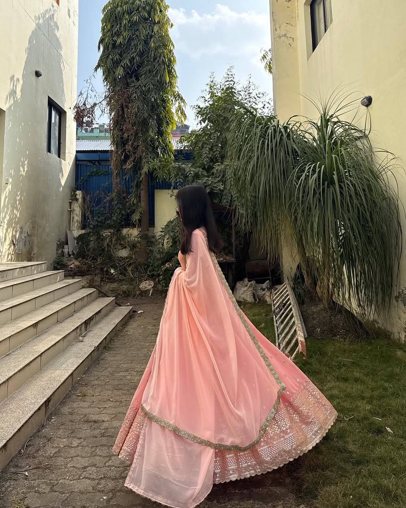 Blush Peach Embroidered Anarkali Set with Mirror Detailing