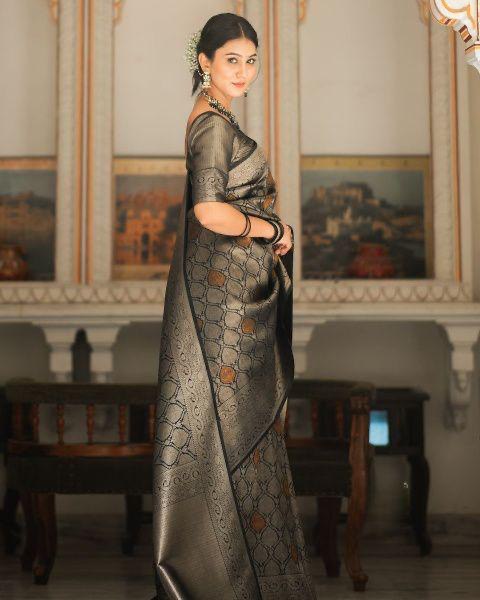 Charcoal Black Woven Silk Saree