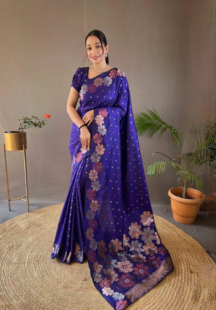Violet Floral Zari Silk Saree
