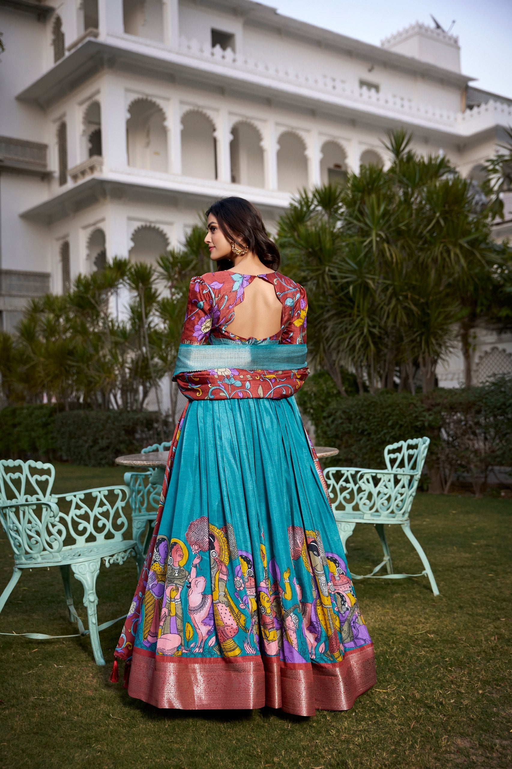 Aqua Blue & Maroon  Handpainted Lehenga Set