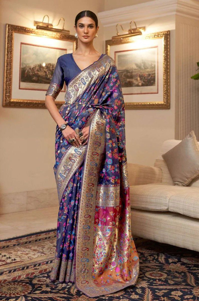 Royal Banarasi Silk Saree – Midnight Bloom