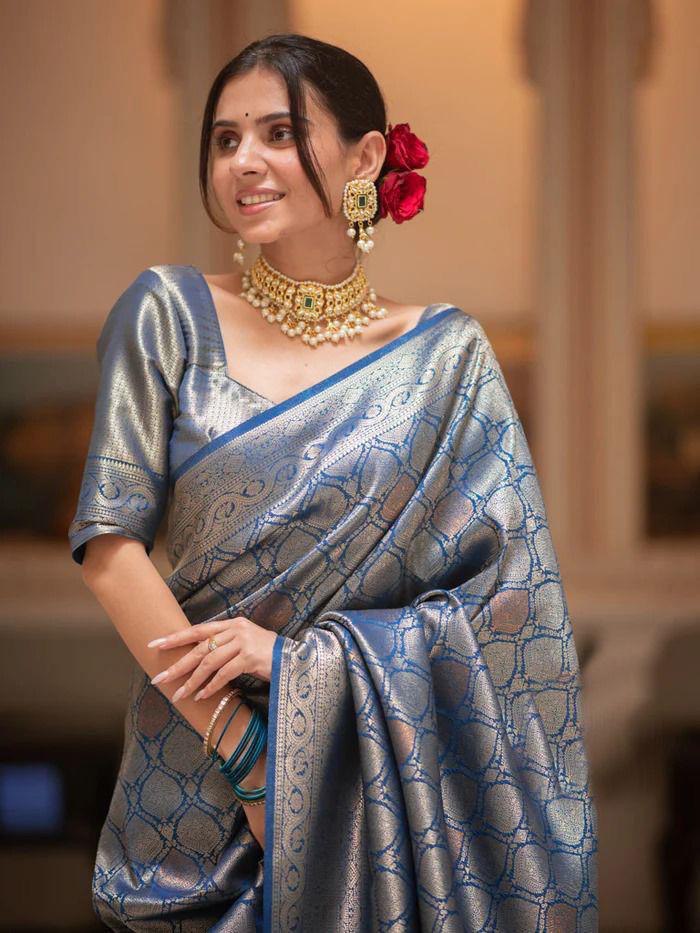 Steel Blue Woven Banarasi Saree