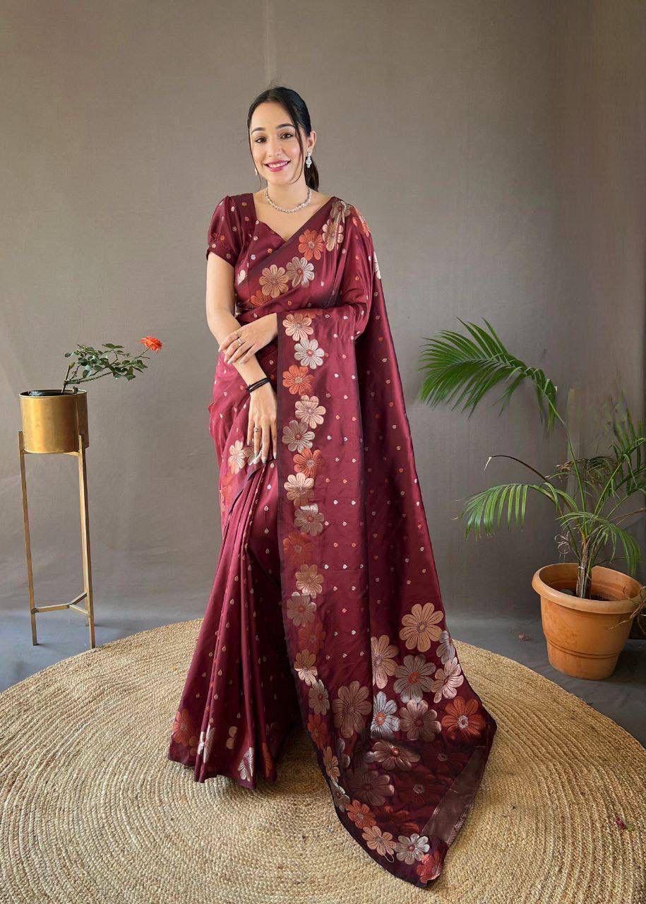 Maroon Floral Silk Saree