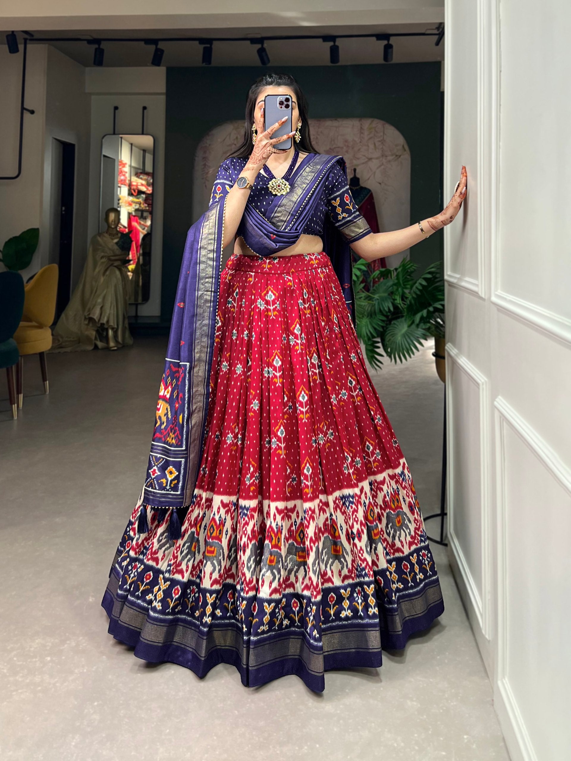 Red & Navy Blue Patola Print Lehenga Choli Set