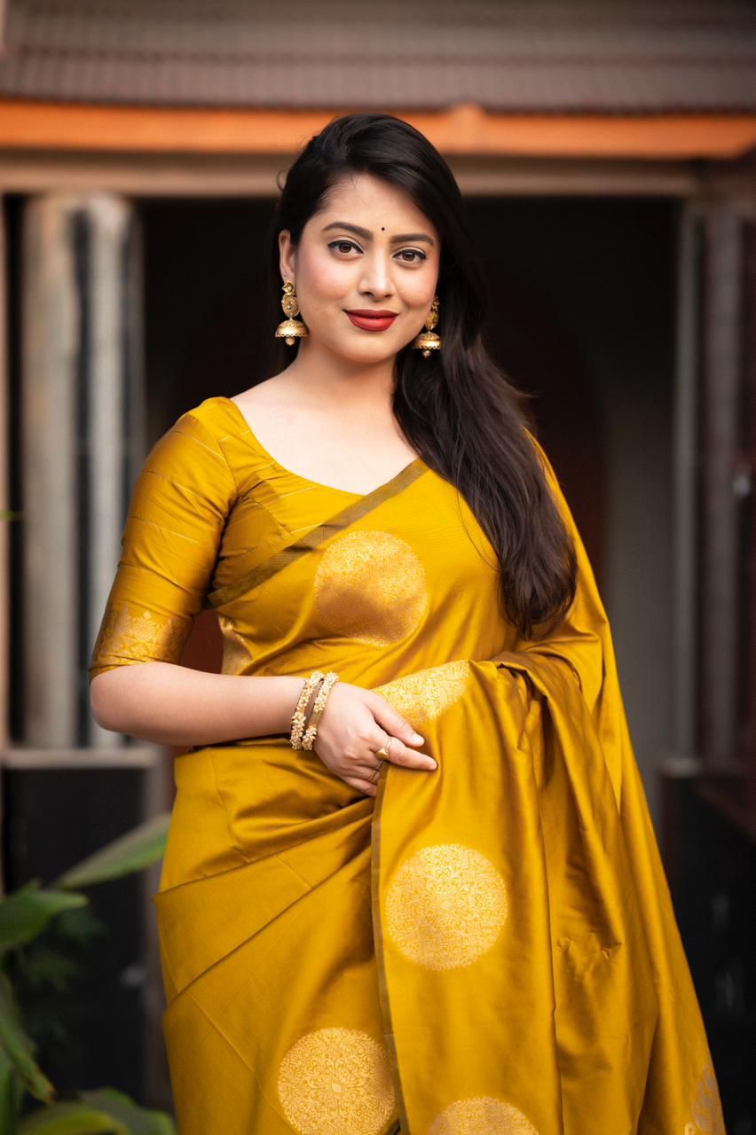 Mustard Yellow Zari Woven Silk Saree