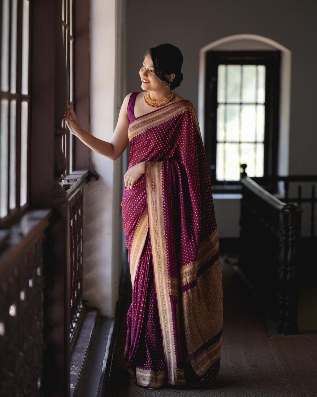 Maroon Bandhani-Inspired Saree with Zari Border