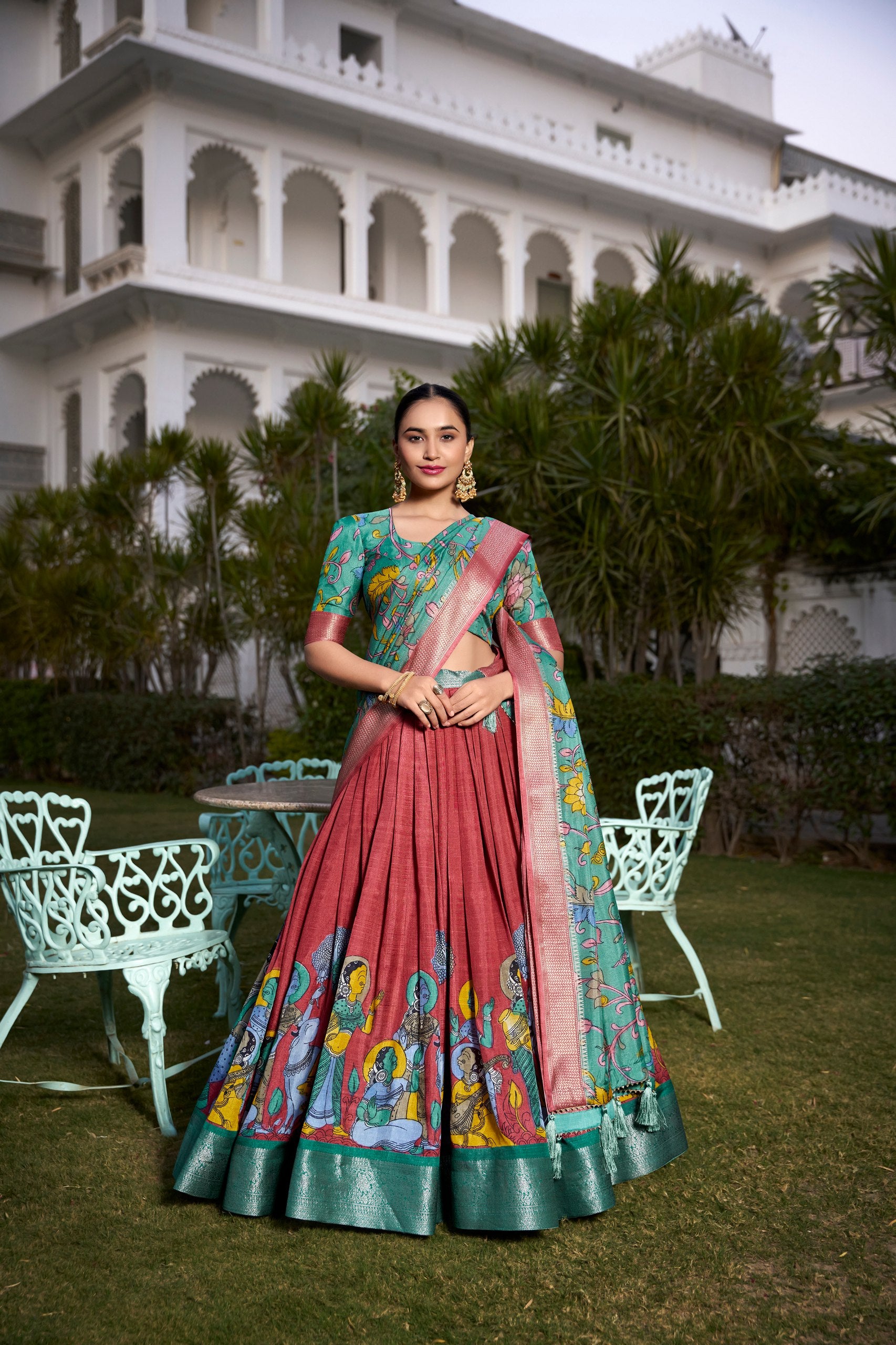 Maroon & Sea Green Handpainted Lehenga Set