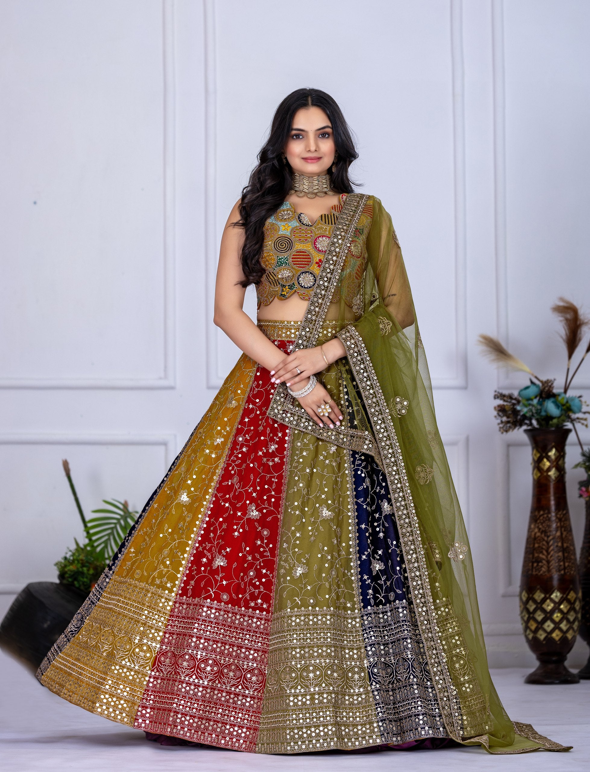 Multicolor Designer Embroidered Lehenga Choli with Dupatta