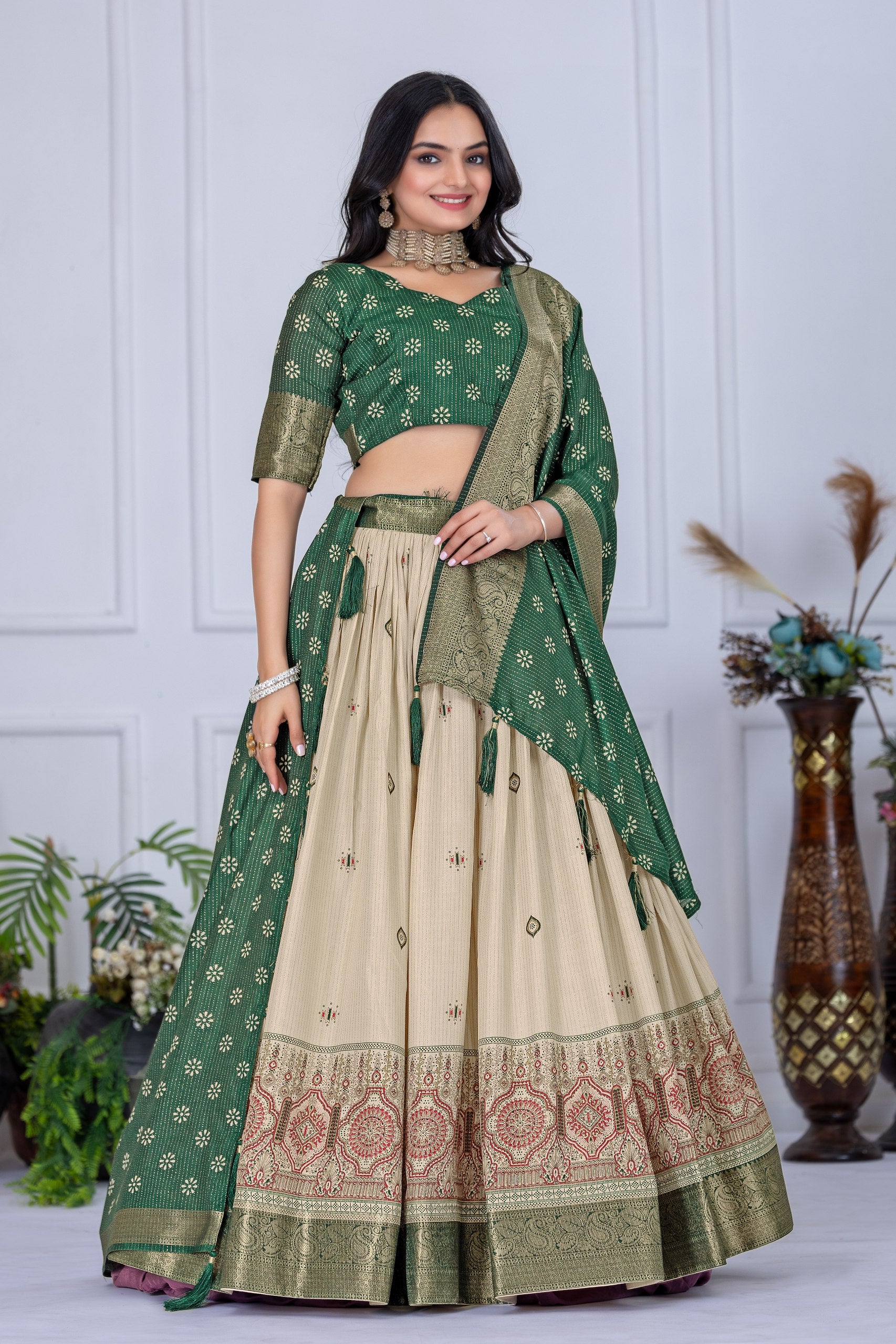 Green & Beige Lehenga Choli Set with Dupatta – Traditional Wear