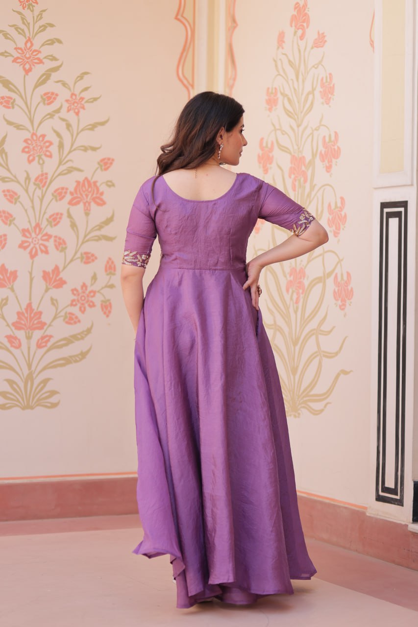 Lavender Silk Anarkali with Intricate Wildlife Embroidery