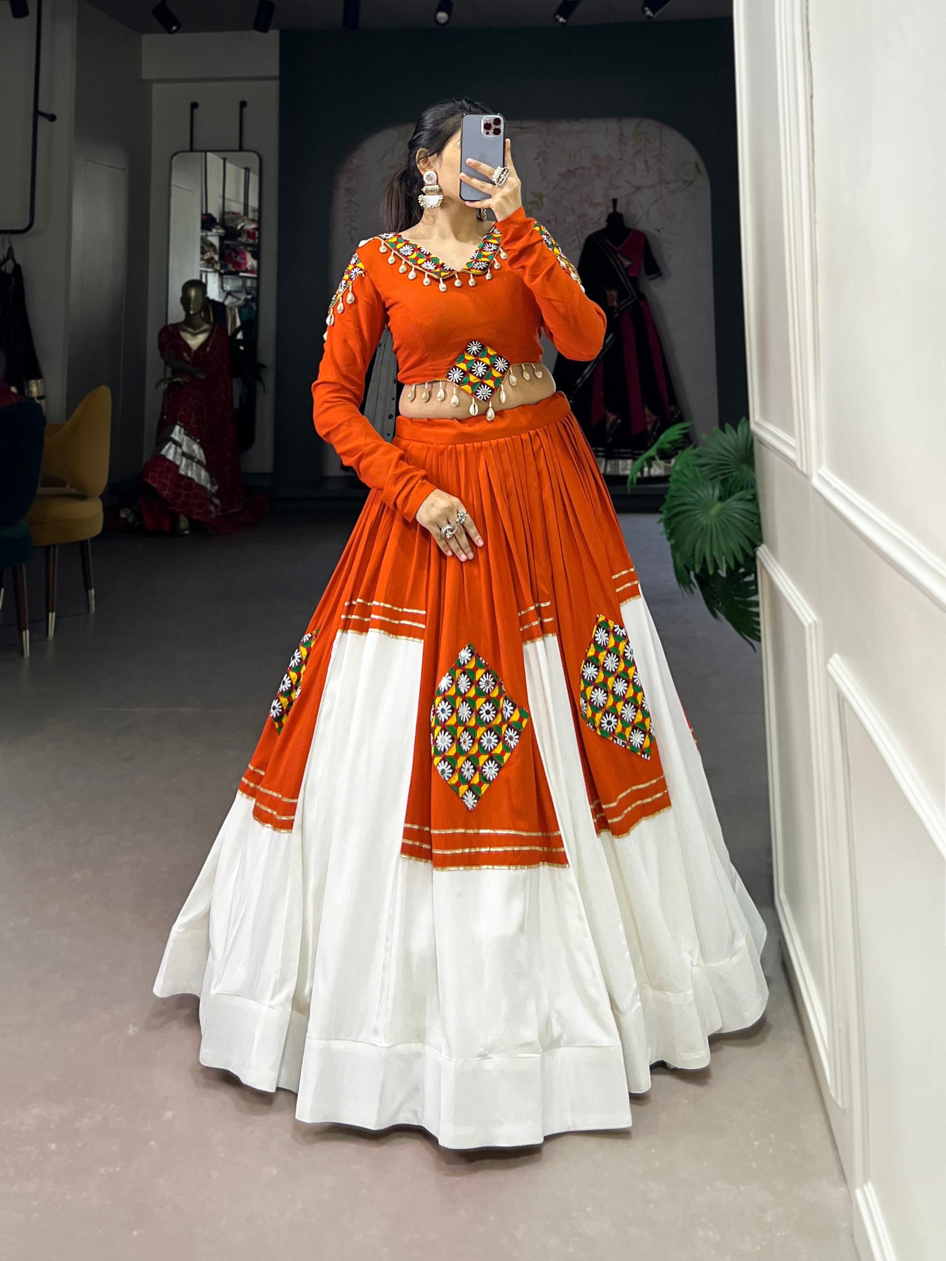 Vibrant Orange & White Embroidered Lehenga Choli