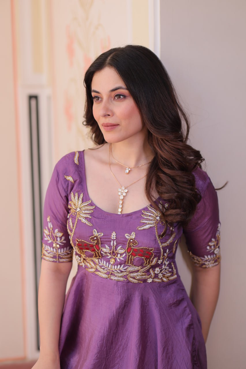 Lavender Silk Anarkali with Intricate Wildlife Embroidery