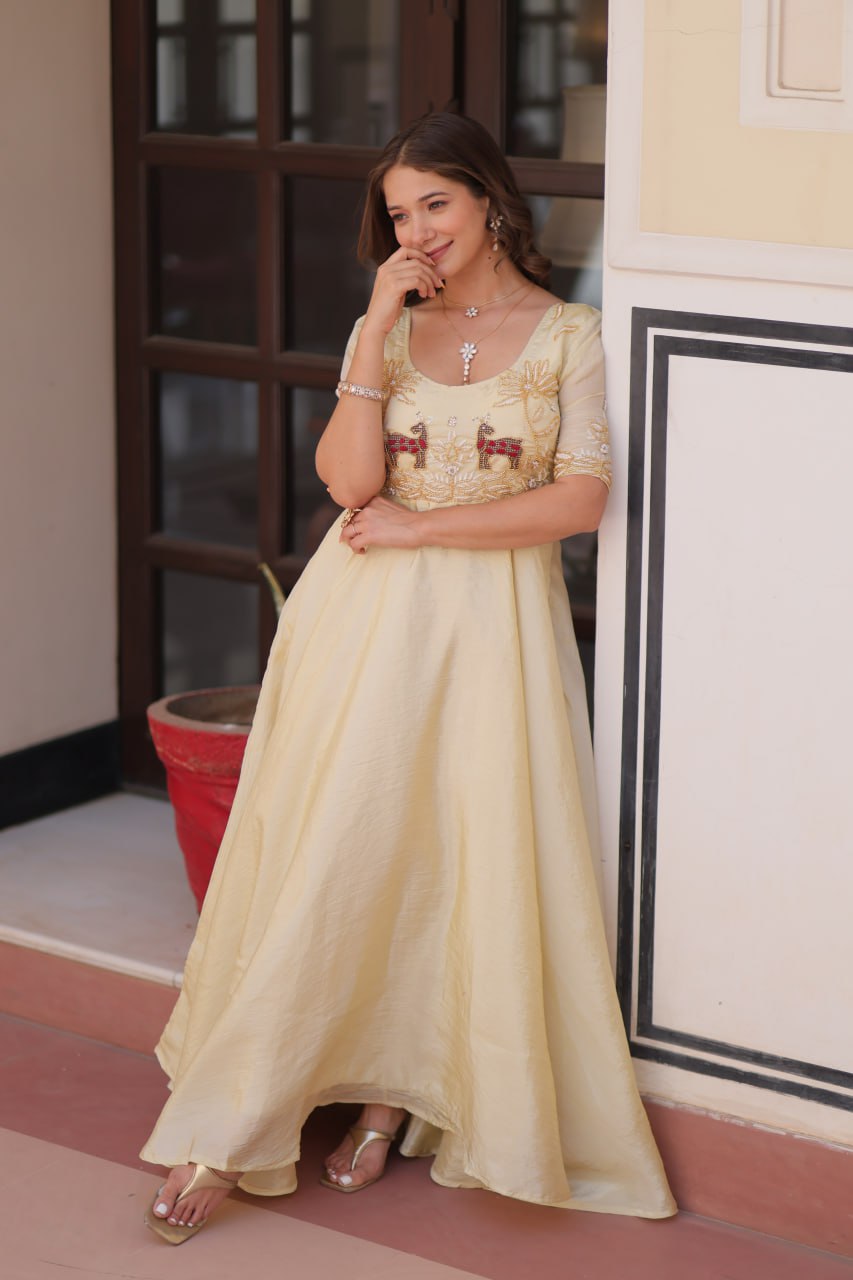 Ivory Gold Anarkali with Royal Elephant Embroidery