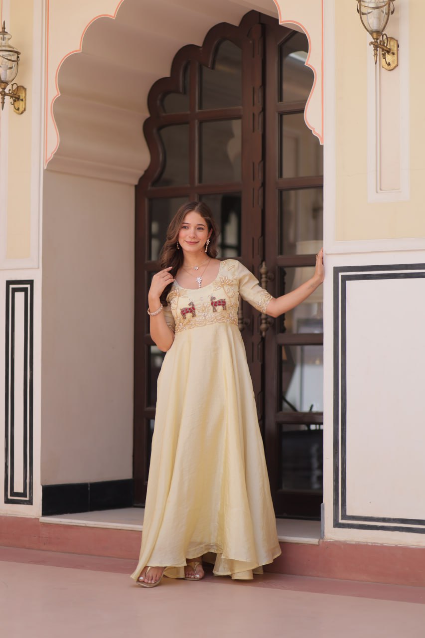 Ivory Gold Anarkali with Royal Elephant Embroidery