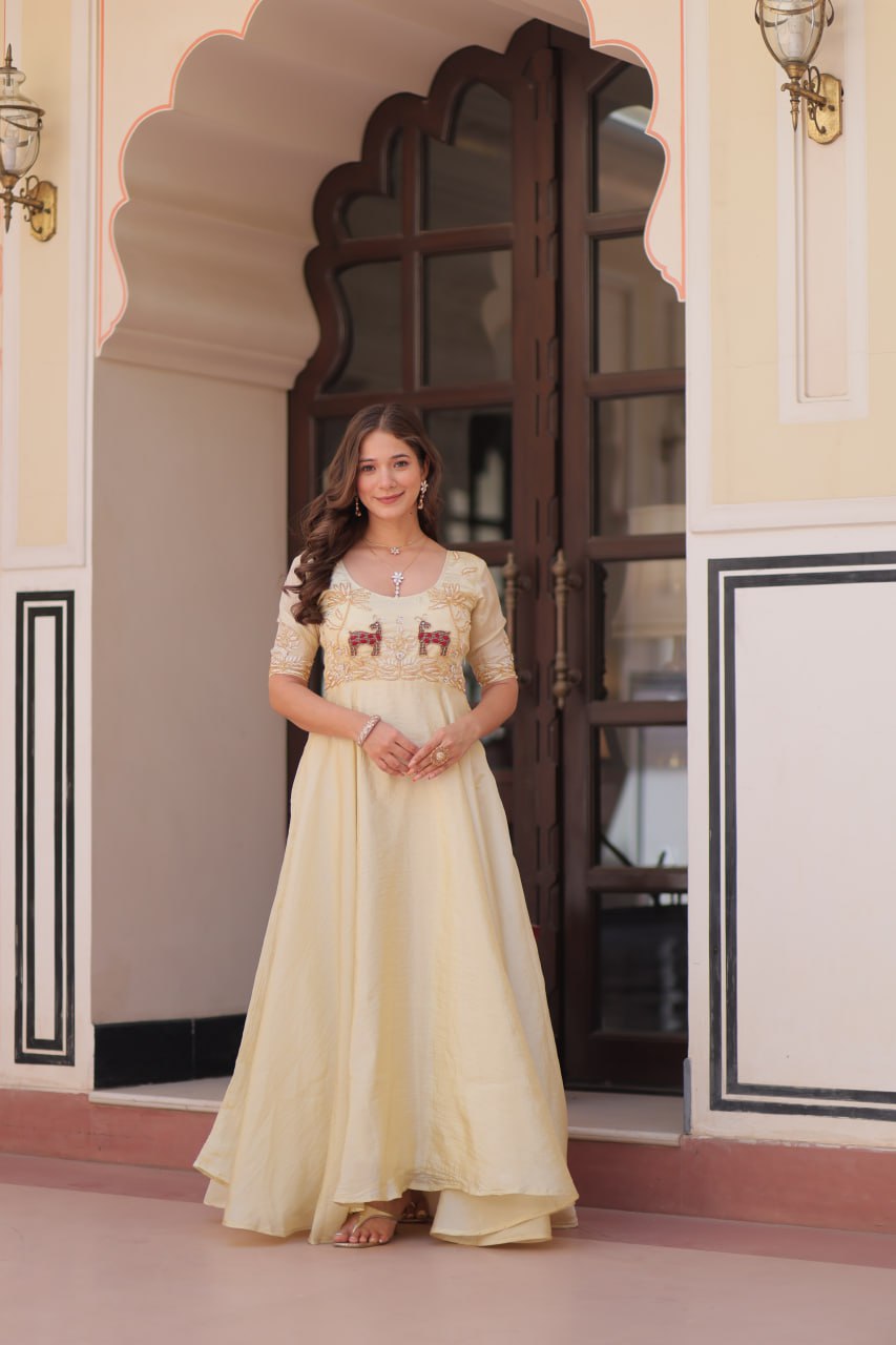 Ivory Gold Anarkali with Royal Elephant Embroidery