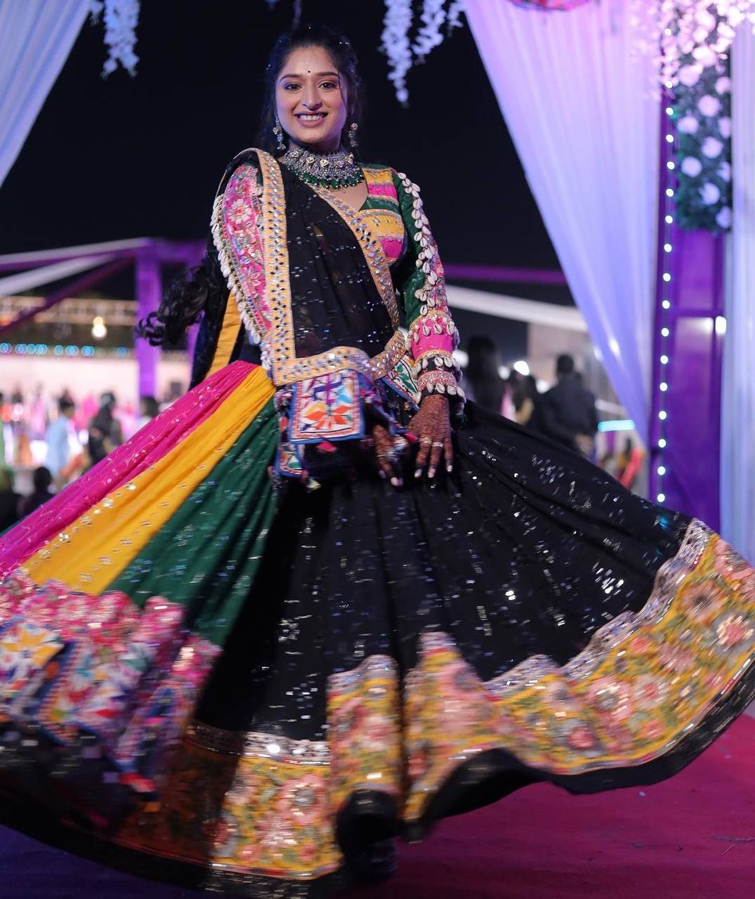 Traditional Gujarati Multi-Color Navratri Ghagra Choli with Embroidery & Mirror Work