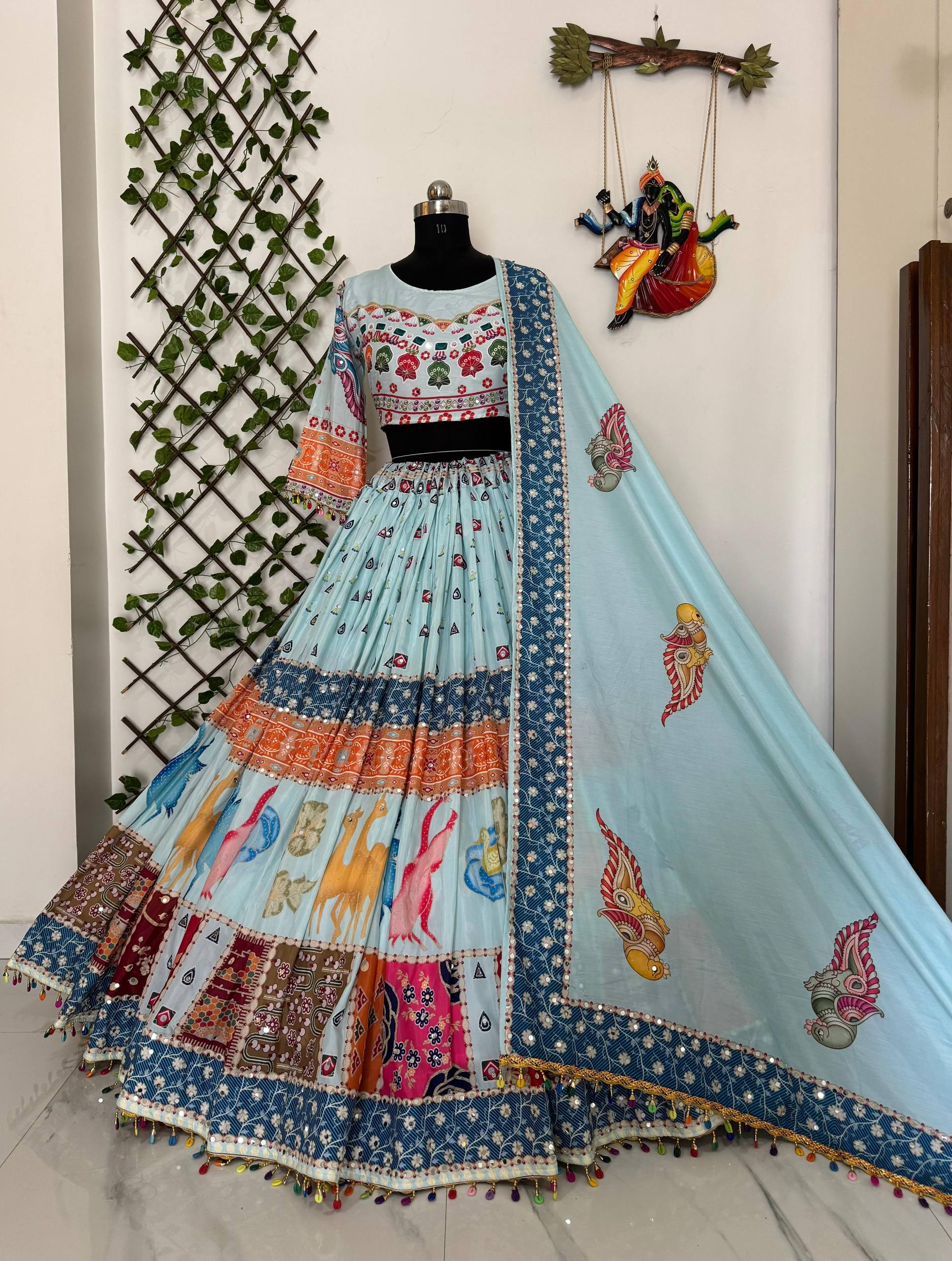 Sky Blue Traditional Navratri Lehenga Choli with Embroidery & Patchwork Dupatta