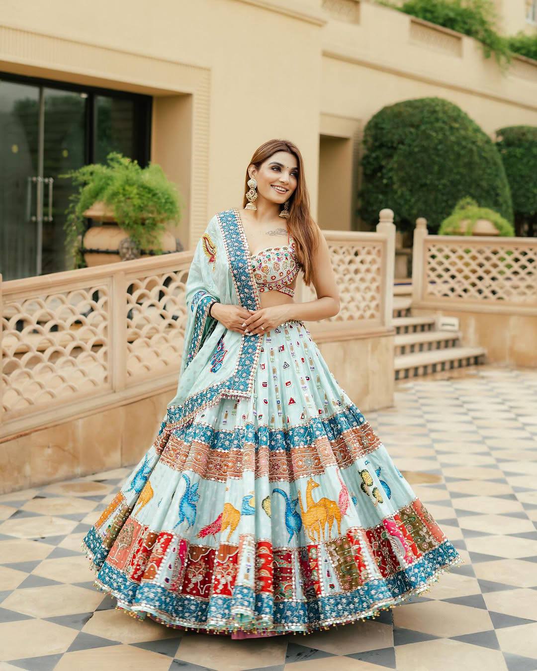 Sky Blue Traditional Navratri Lehenga Choli with Embroidery & Patchwork Dupatta