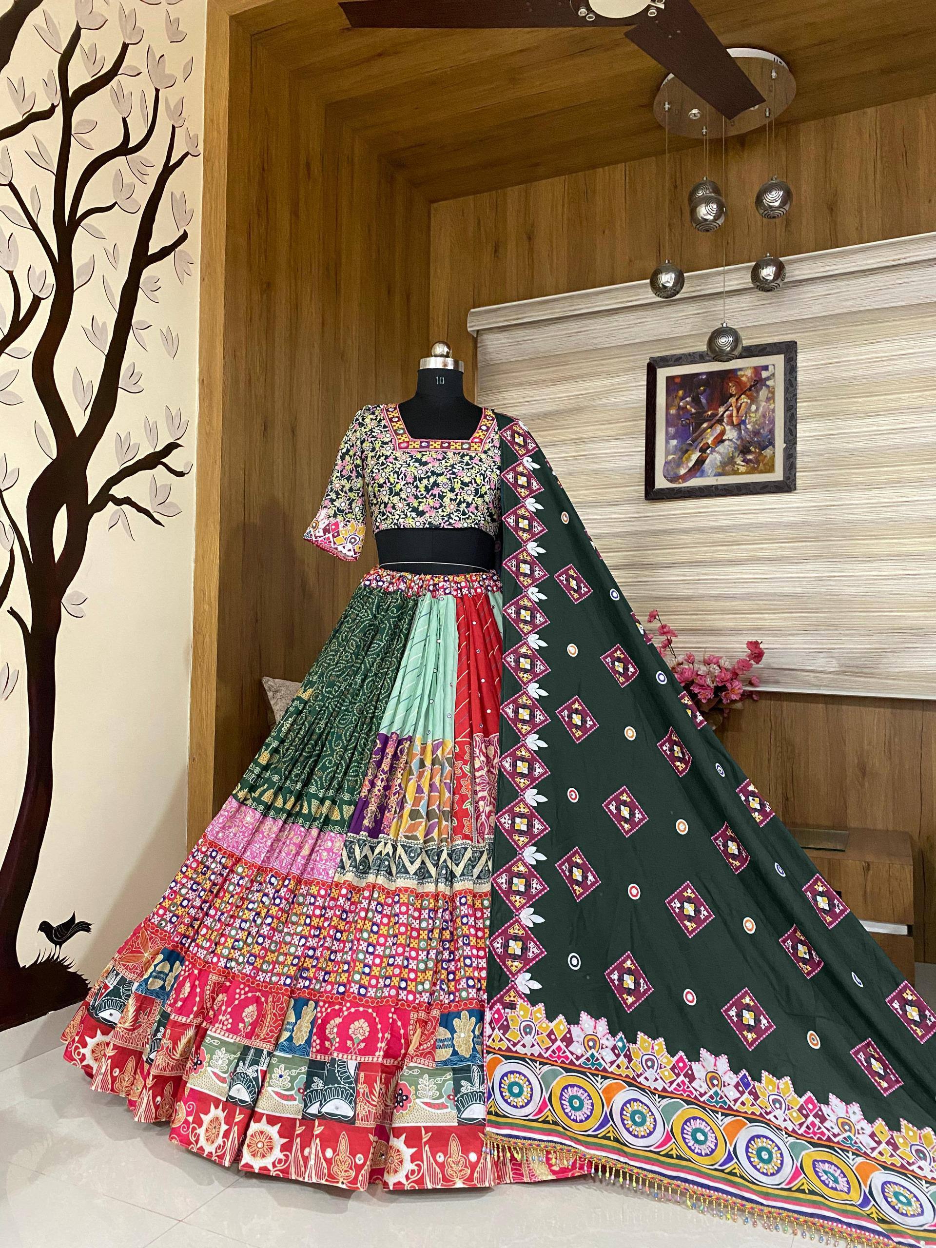 Black & Green Traditional Navratri Ghagra Choli with Heavy Embroidery & Mirror Work