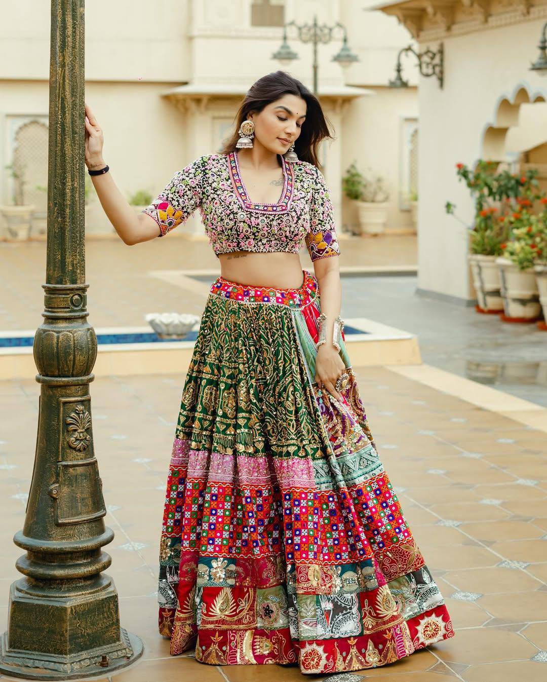 Black & Green Traditional Navratri Ghagra Choli with Heavy Embroidery & Mirror Work
