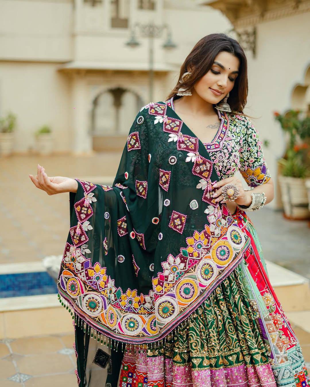 Black & Green Traditional Navratri Ghagra Choli with Heavy Embroidery & Mirror Work