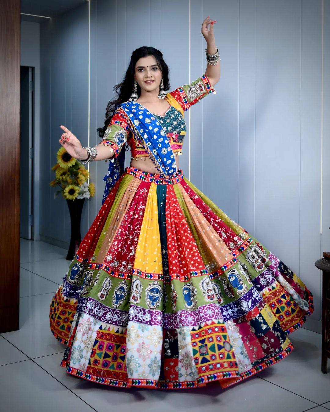 Vibrant Multi-Color Navratri Lehenga Choli with Patchwork & Embroidery