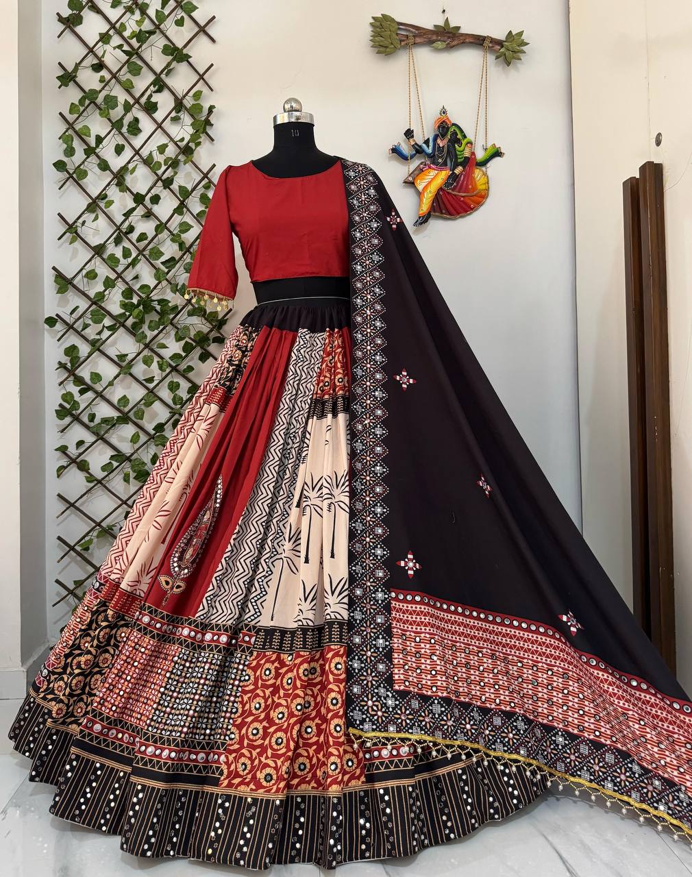Elegant Black & Beige Navratri Ghagra Choli with Traditional Block Print & Embroidery