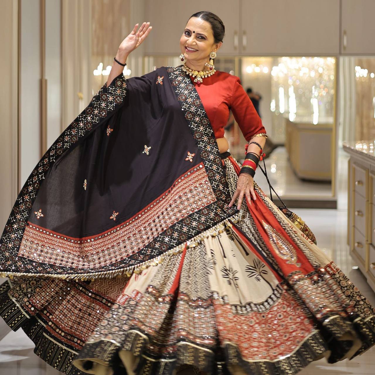 Elegant Black & Beige Navratri Ghagra Choli with Traditional Block Print & Embroidery