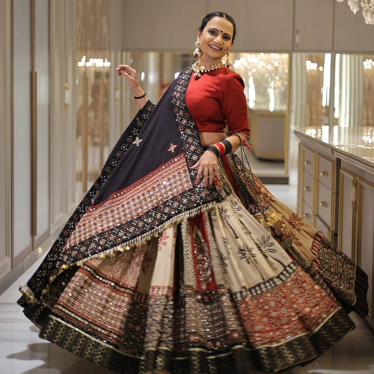 Elegant Black & Beige Navratri Ghagra Choli with Traditional Block Print & Embroidery