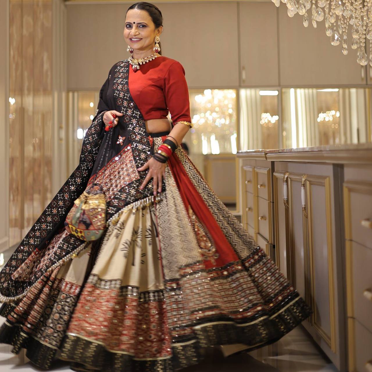 Elegant Black & Beige Navratri Ghagra Choli with Traditional Block Print & Embroidery