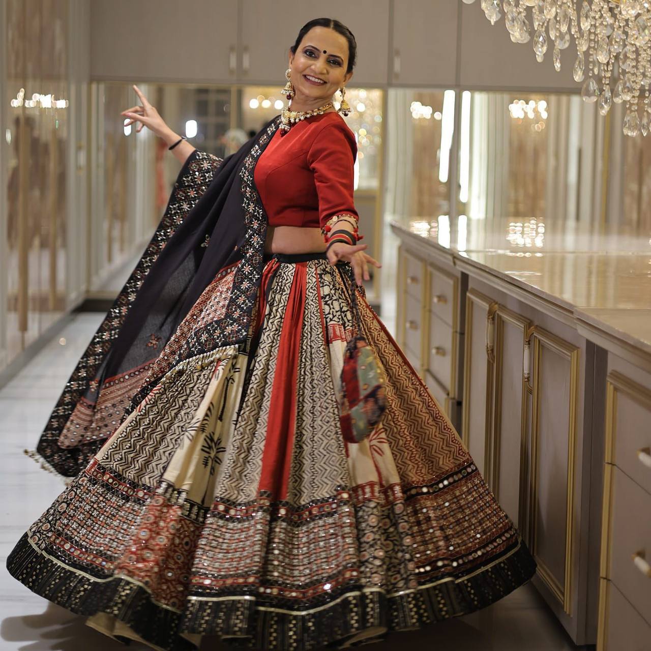 Elegant Black & Beige Navratri Ghagra Choli with Traditional Block Print & Embroidery
