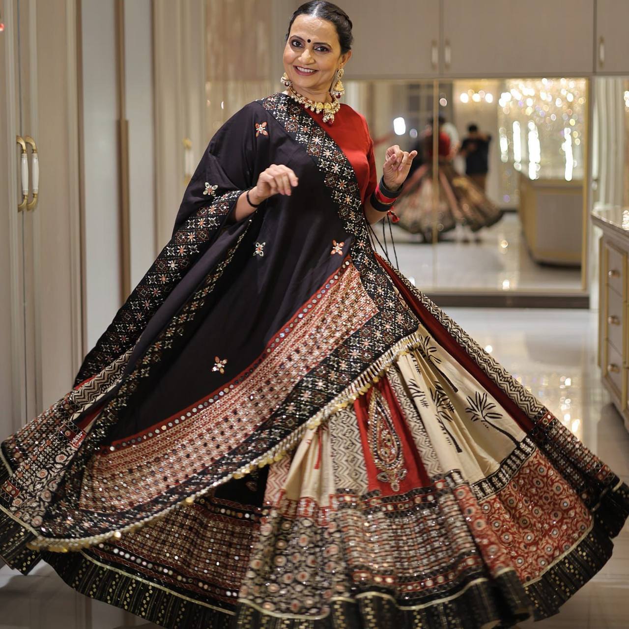 Elegant Black & Beige Navratri Ghagra Choli with Traditional Block Print & Embroidery