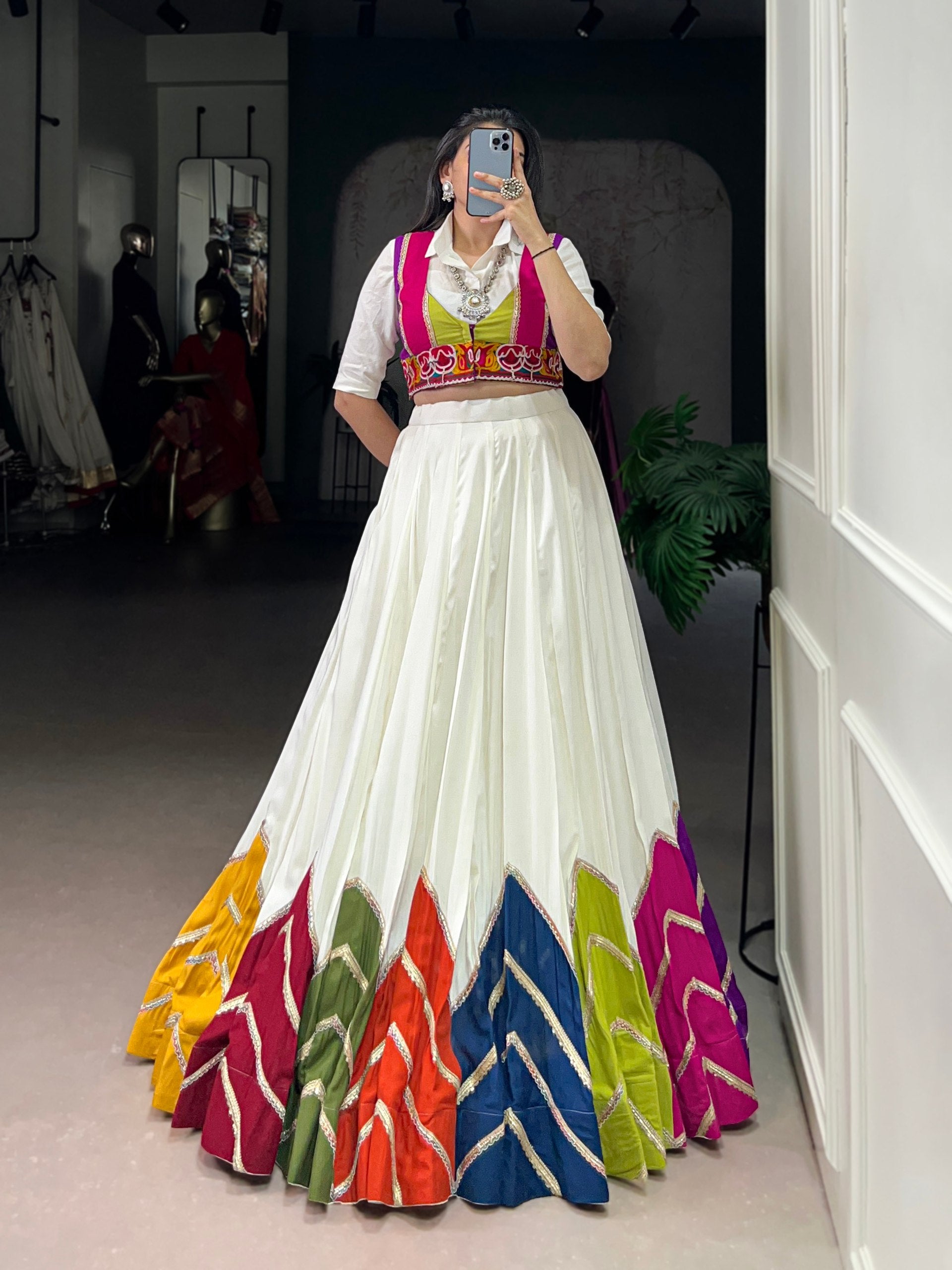 Elegant White Multicolor Border Lehenga with Embroidered Blouse
