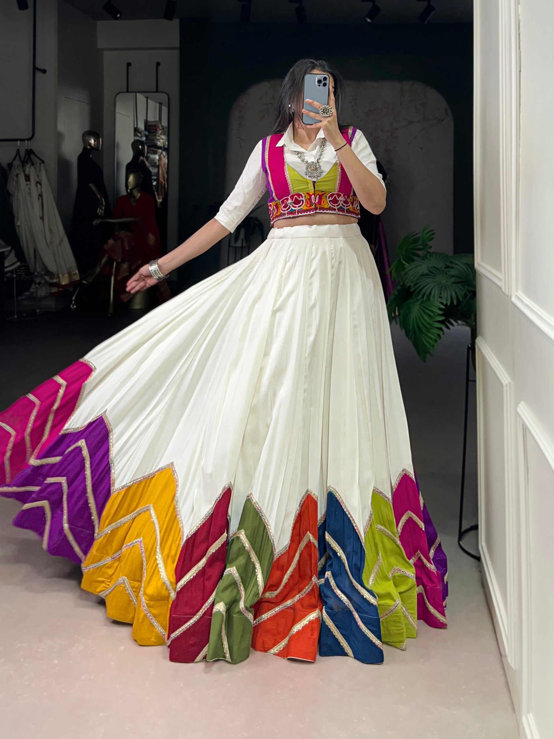 Elegant White Multicolor Border Lehenga with Embroidered Blouse