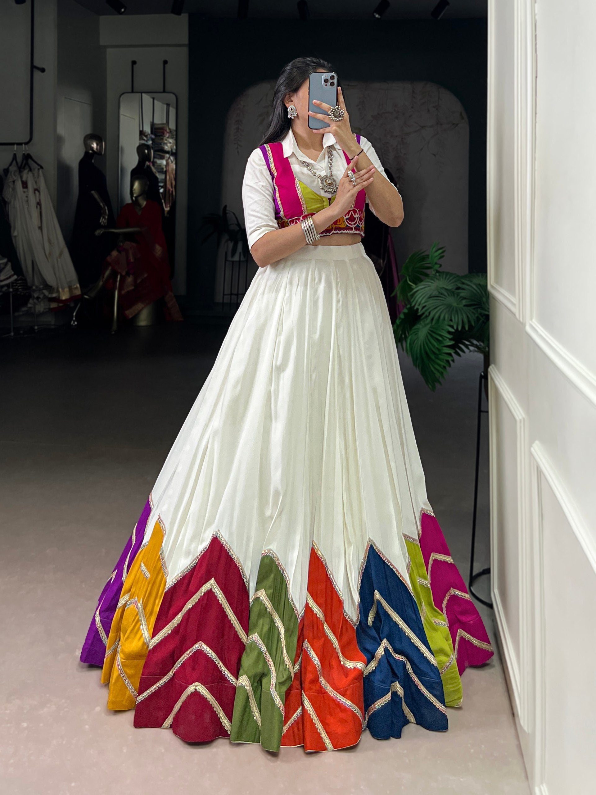 Elegant White Multicolor Border Lehenga with Embroidered Blouse