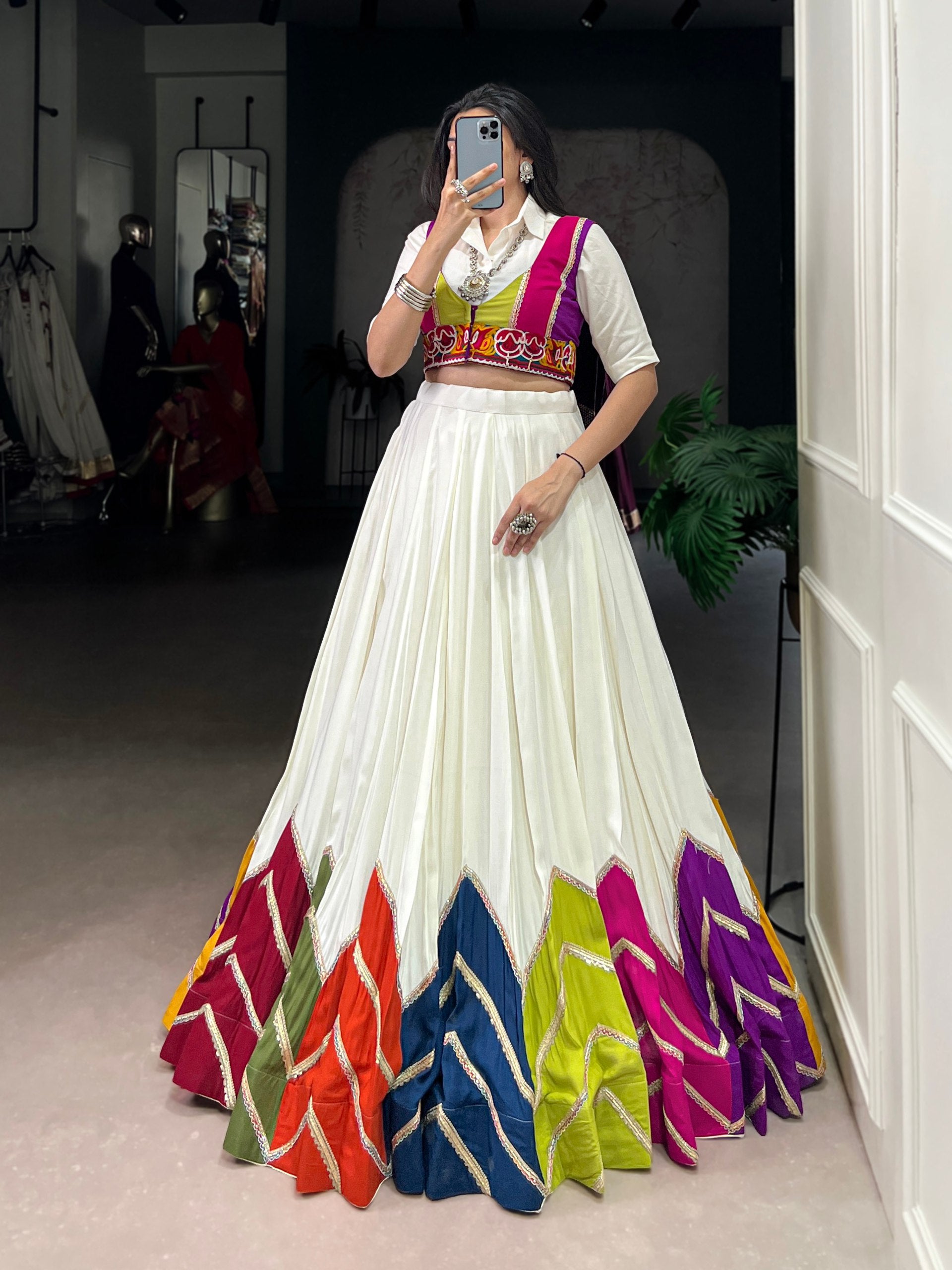 Elegant White Multicolor Border Lehenga with Embroidered Blouse