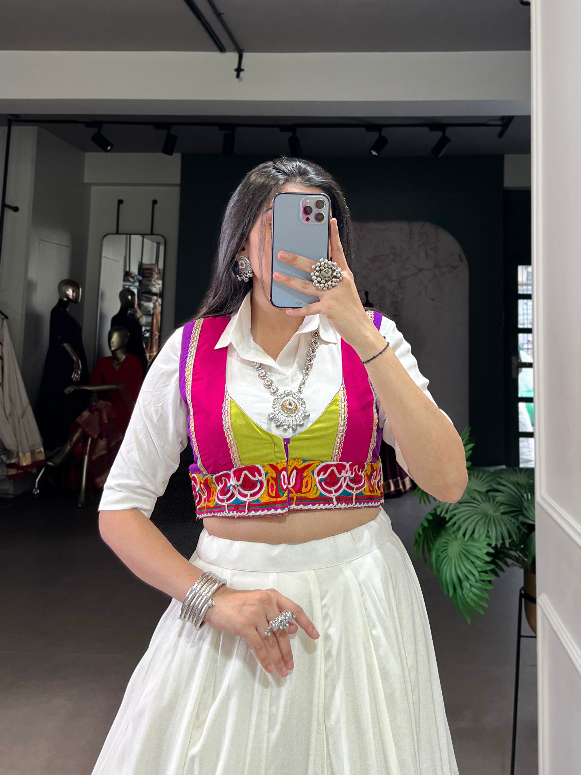 Elegant White Multicolor Border Lehenga with Embroidered Blouse