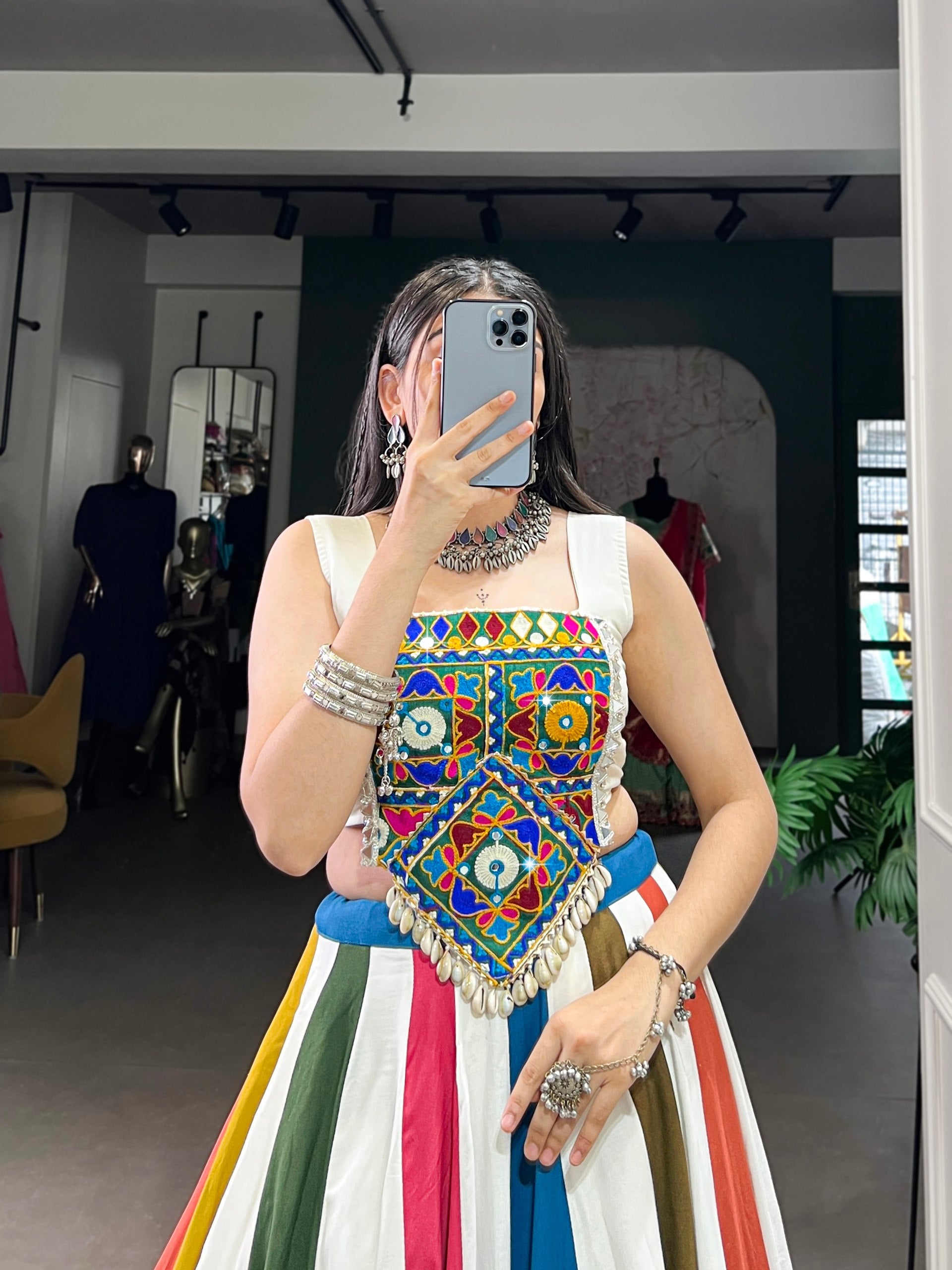 Multicolor Panel Navratri Lehenga with Mirror Work