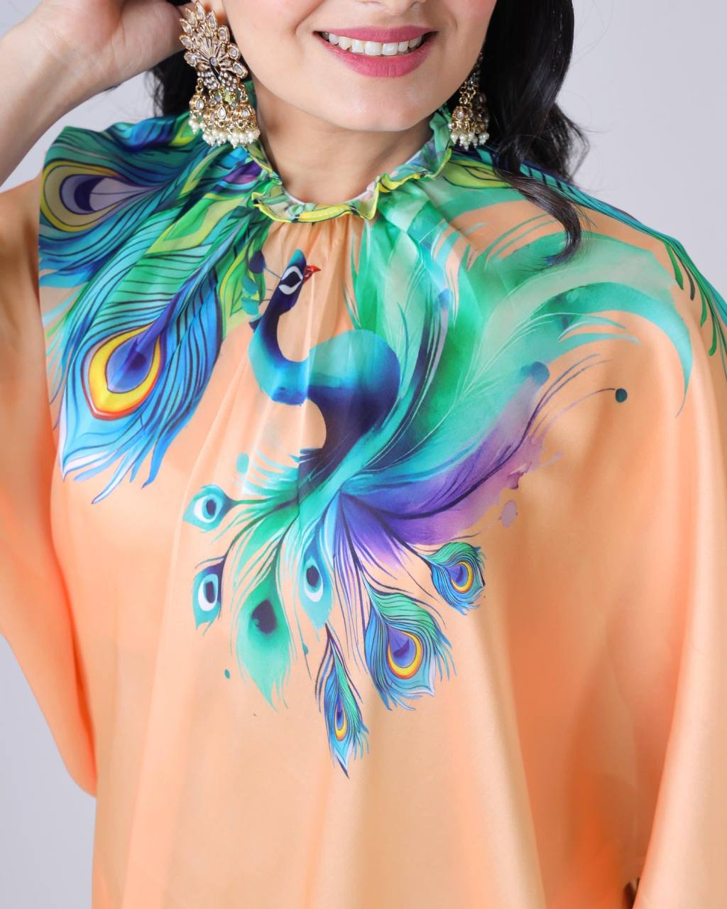 Peach Silk Saree with Peacock Feather Print