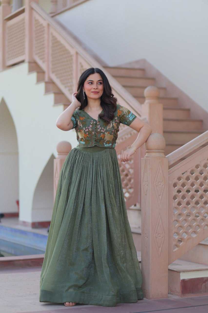 Elegant Olive Green Anarkali with Embroidered Jacket