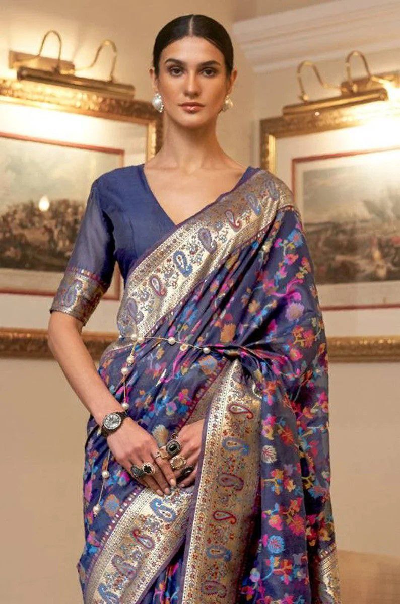Royal Banarasi Silk Saree – Midnight Bloom