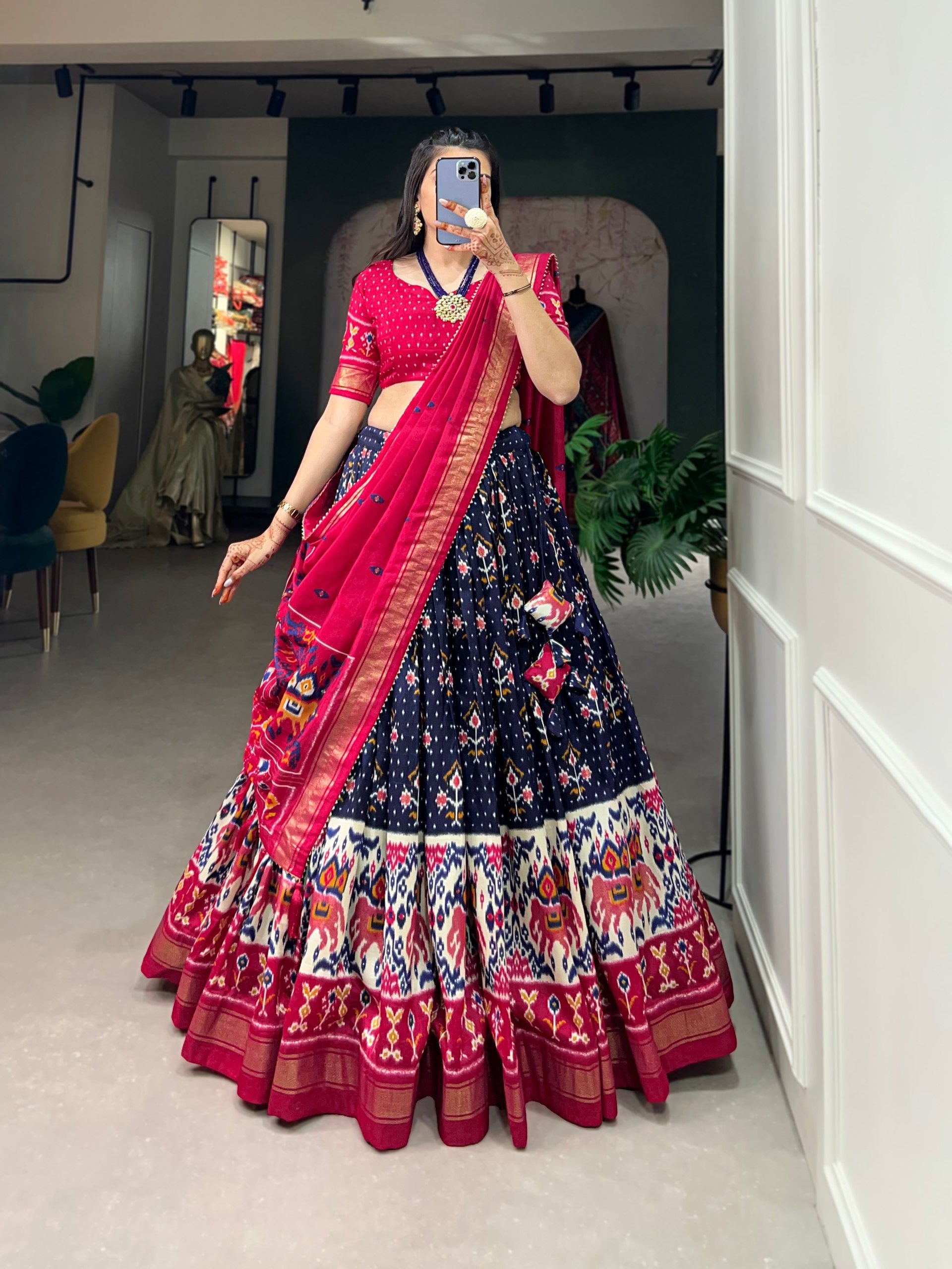 Navy Blue & Maroon Traditional Patola Lehenga Choli Set
