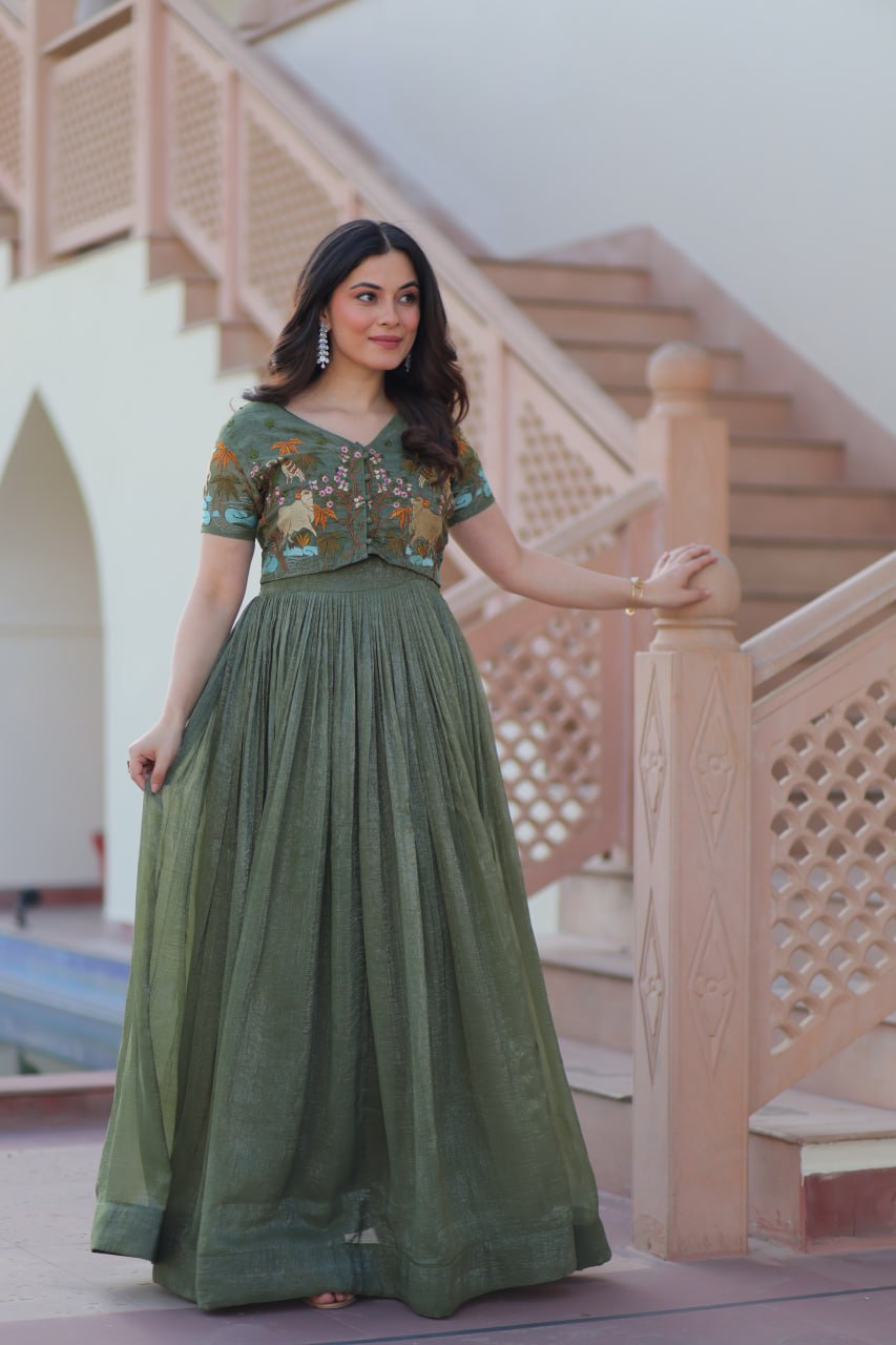 Elegant Olive Green Anarkali with Embroidered Jacket